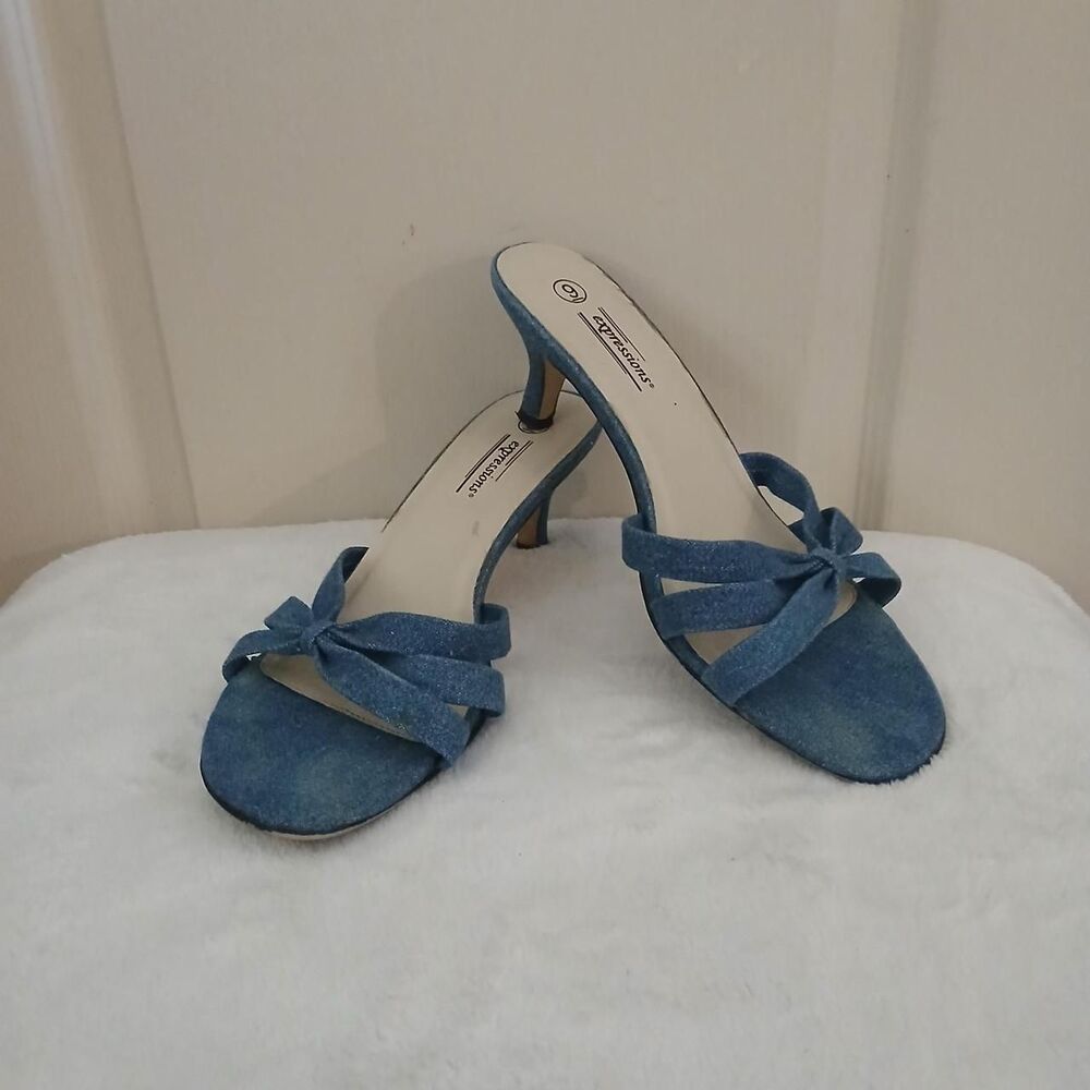 Y2K Vintage Expressions Blue Denim Knot Kitten Heel Sandals Mules 9 Indie Baddie